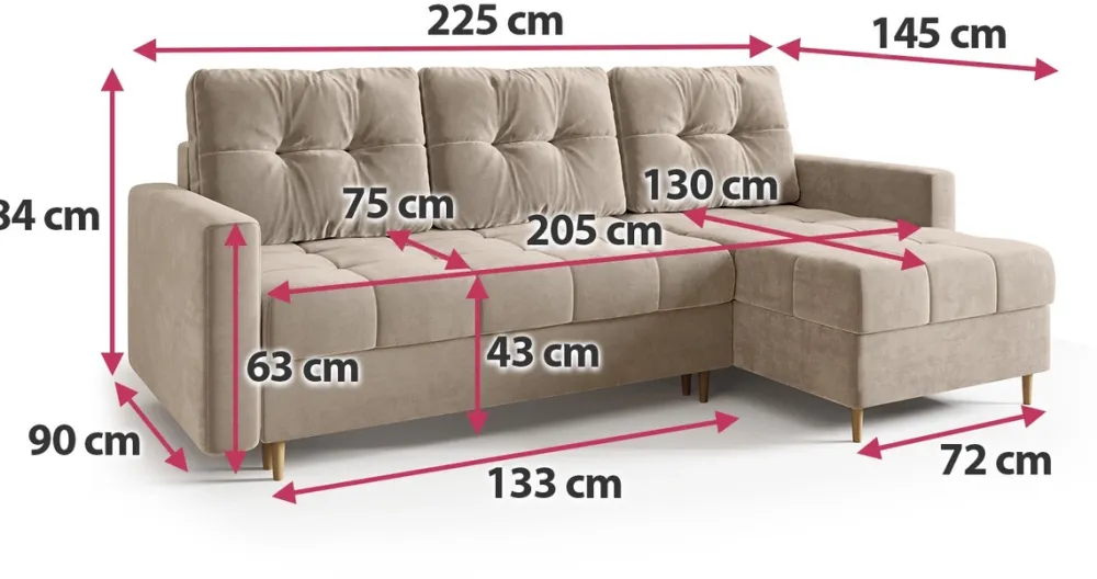 Meble Dla Dzieci|Meble Młodzieżowe>BROMARKT Welurowy różowy narożnik z funkcją spania i pojemnikiem na pościel LIZBONA