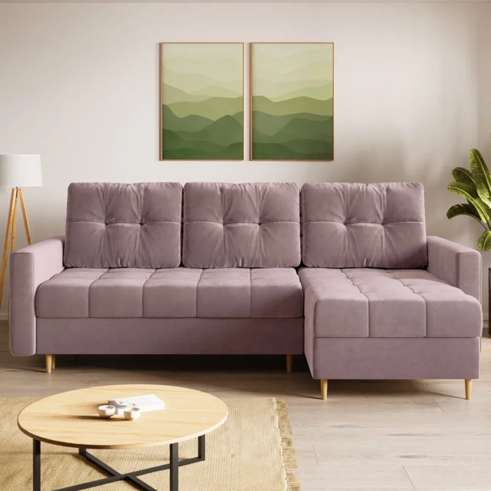 Meble Dla Dzieci|Meble Młodzieżowe>BROMARKT Welurowy różowy narożnik z funkcją spania i pojemnikiem na pościel LIZBONA