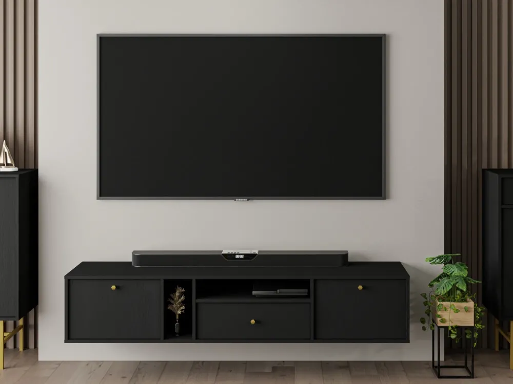 Zestawy Mebli Do Salonu|Szafki Rtv>Lempert Wisząca dwudrzwiowa czarna szafka pod telewizor 120 cm TOKEN czarny grafit