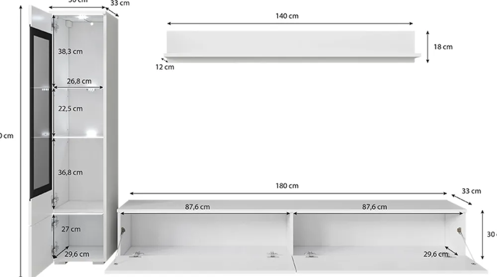 Meblościanki>BRATEX Wisząca meblościanka RTV do salonu biały połysk modułowa VELLORE