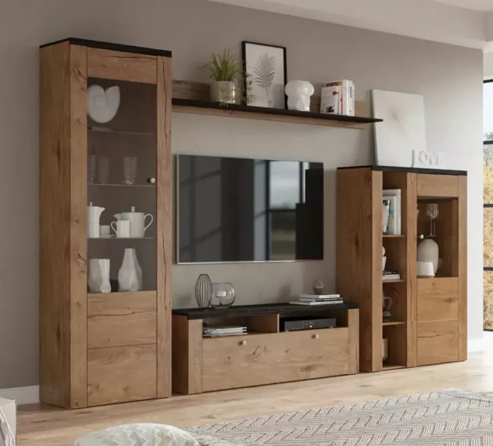 Zestawy Mebli Do Salonu|Witryny>Helvetia Witryna do salonu niska LARONA dąb lefkas