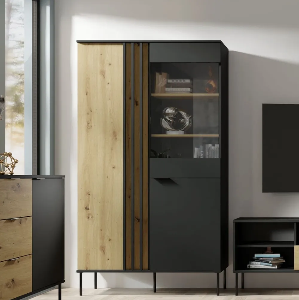 Zestawy Mebli Do Salonu|Witryny>MEBLOSIEK Witryna do salonu przeszklona 110 cm RUSTICA czarna