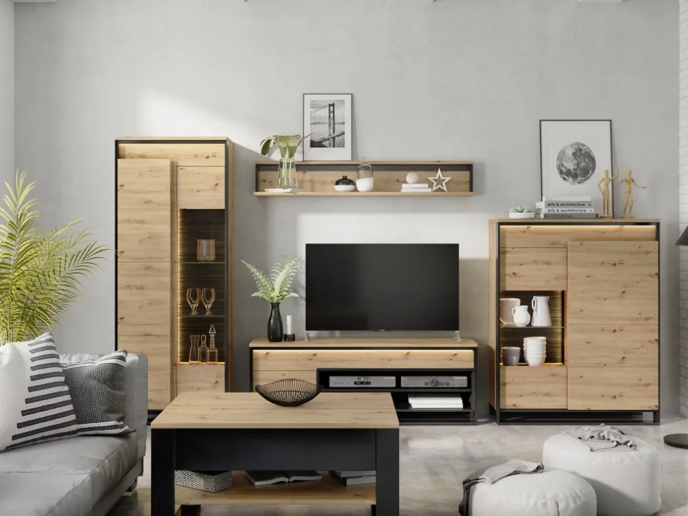 Zestawy Mebli Do Salonu|Witryny>lenart. Witryna do salonu szklane półki QUANT dąb artisan