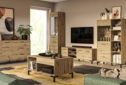 Zestawy Mebli Do Salonu|Witryny></noscript>ML Meble Witryna do salonu w stylu loftowym NEVIO dąb artisan