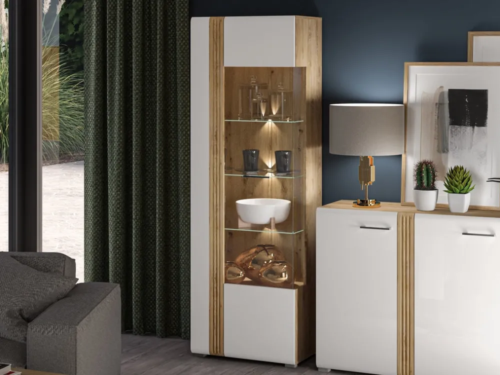 Zestawy Mebli Do Salonu|Witryny>ML Meble Witryna do salonu ze szklanymi półkami 65 cm ADAGIO biały połysk