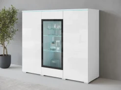 Witryny></noscript>BRATEX Witryna salonowa na książki lub alkohol 120 cm z oświetleniem VEXA biały połysk