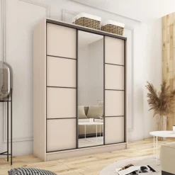 Zestawy Mebli Do Przedpokoju|Szafy Trzydrzwiowe></noscript>BROMARKT Wysoka beżowa szafa przesuwna z lustrem 150 cm LOFT MAX beż piaskowy