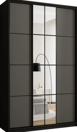 Zestawy Mebli Do Przedpokoju|Szafy Trzydrzwiowe>BROMARKT Wysoka grafitowa szafa przesuwna z lustrem 150 cm EDGE MAX