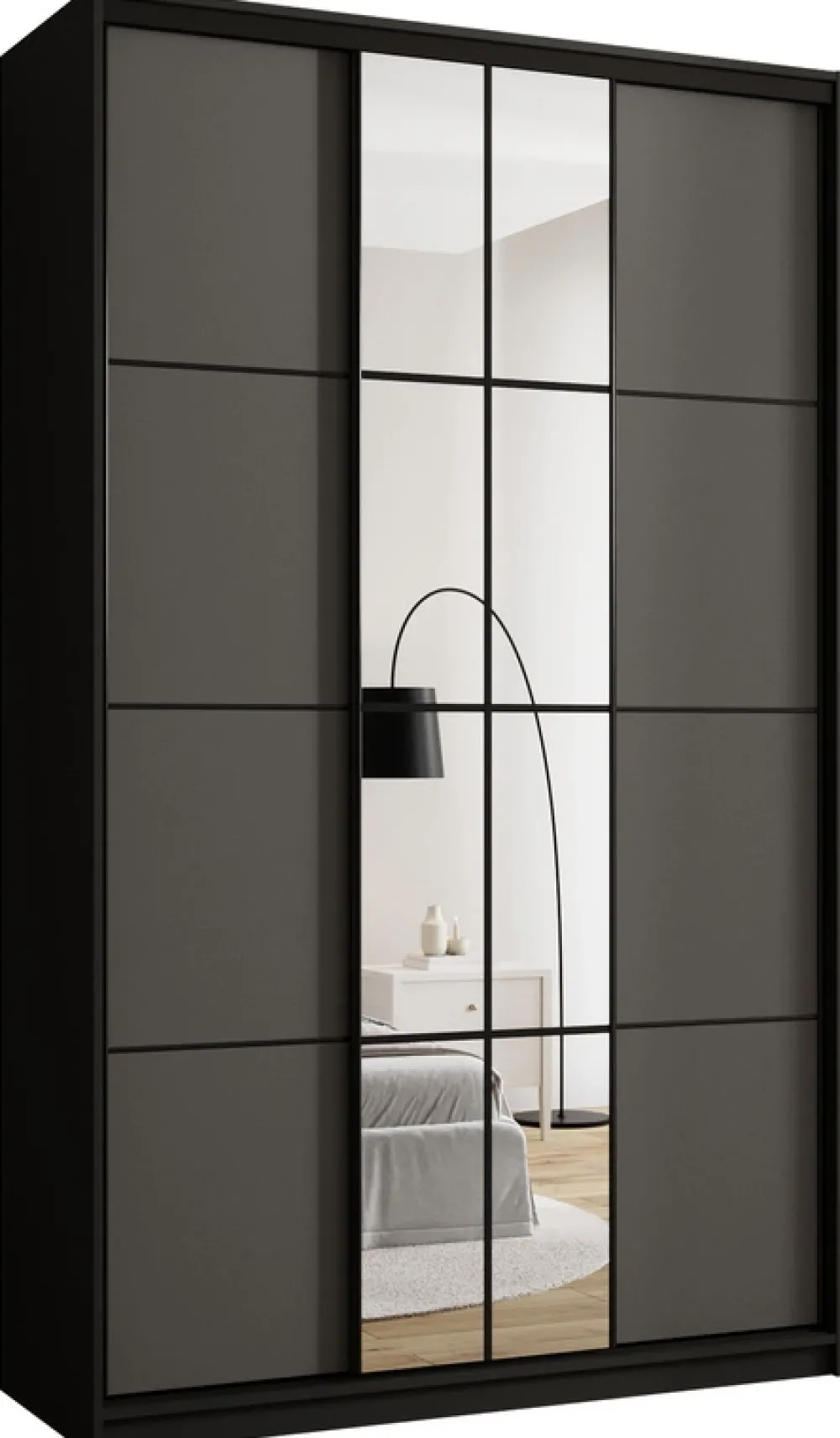 Zestawy Mebli Do Przedpokoju|Szafy Trzydrzwiowe>BROMARKT Wysoka grafitowa szafa przesuwna z lustrem 150 cm EDGE MAX