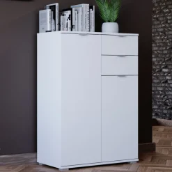 Komody></noscript>INTER MEBLE Wysoka komoda do salonu 71 cm z szufladami i półkami ELARO biały