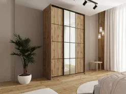 Zestawy Mebli Do Przedpokoju|Szafy Trzydrzwiowe></noscript>BROMARKT Wysoka szafa przesuwna 150 cm z lustrem i drążkami EDGE MAX dąb wotan