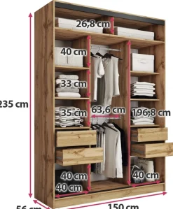 Zestawy Mebli Do Przedpokoju|Szafy Trzydrzwiowe></noscript>BROMARKT Wysoka szafa przesuwna 150 cm z lustrem i drążkami EDGE MAX dąb wotan