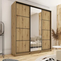 Szafy Trzydrzwiowe|Szafy Do Przedpokoju></noscript>BROMARKT Wysoka szafa przesuwna z lustrem 180 cm LOFT MAX dąb artisan