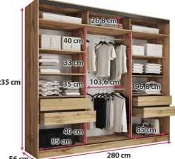 Szafy Trzydrzwiowe|Szafy Do Przedpokoju></noscript>BROMARKT Wysoka szafa przesuwna z lustrem 280 cm EDGE MAX dąb wotan