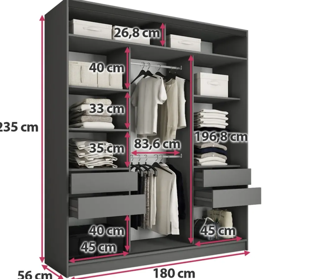 Szafy Trzydrzwiowe|Szafy Do Przedpokoju>BROMARKT Wysoka szafa przesuwna z lustrem 180 cm LOFT MAX beton