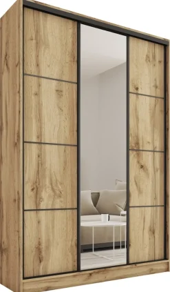 Zestawy Mebli Do Przedpokoju|Szafy Trzydrzwiowe>BROMARKT Wysoka szafa przesuwna z lustrem 150 cm LOFT MAX dąb wotan