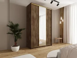 Szafy Trzydrzwiowe|Szafy Do Przedpokoju></noscript>BROMARKT Wysoka szafa przesuwna z lustrem 150 cm GOLD NEW MAX dąb lefkas