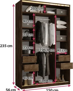 Szafy Trzydrzwiowe|Szafy Do Przedpokoju></noscript>BROMARKT Wysoka szafa przesuwna z lustrem 150 cm GOLD NEW MAX dąb lefkas