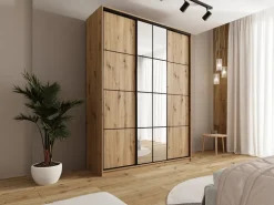 Zestawy Mebli Do Przedpokoju|Szafy Trzydrzwiowe></noscript>BROMARKT Wysoka trzydrzwiowa szafa przesuwna 180 cm z półkami EDGE MAX dąb artisan