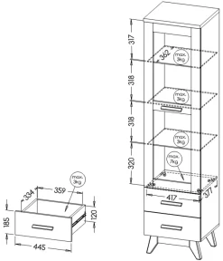 Witryny></noscript>DOLMAR Wysoka witryna skandynawska z dwoma szufladami 45 cm SILVA