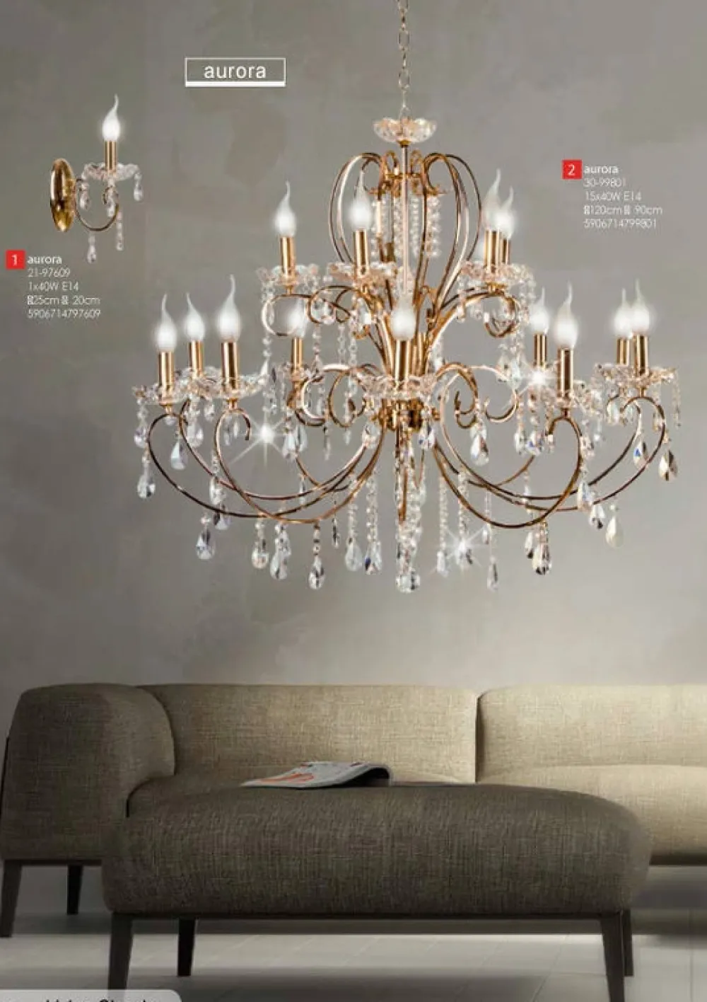 Oświetlenie Jadalni|Oświetlenie Salonu>Candellux Lighting Żyrandol kryształowy francuskie złoto 88cm 15xE14 AURORA