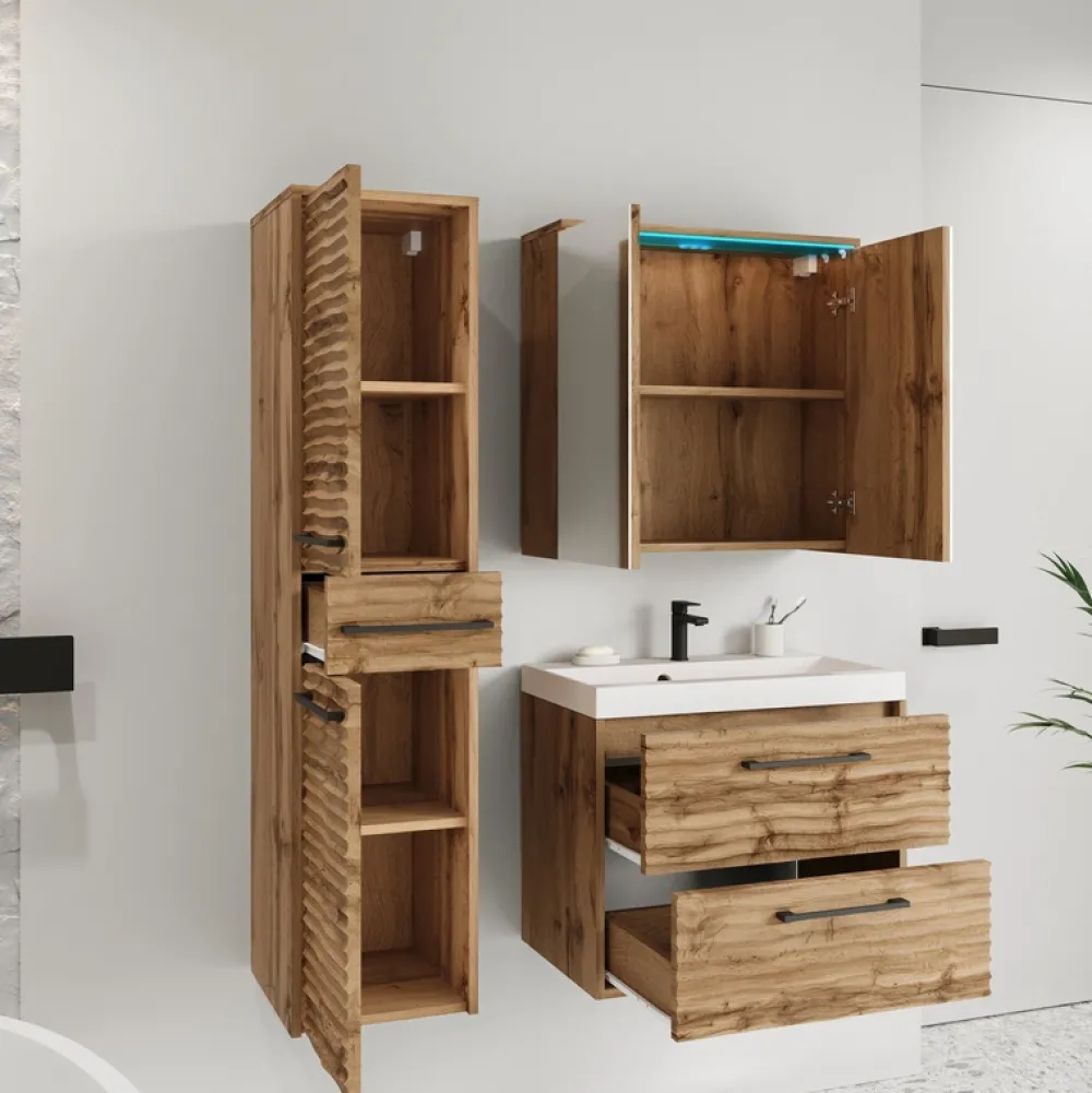 Meble Łazienkowe>BRATEX Zestaw nowoczesnych mebli łazienkowych z umywalką CONA dąb wotan