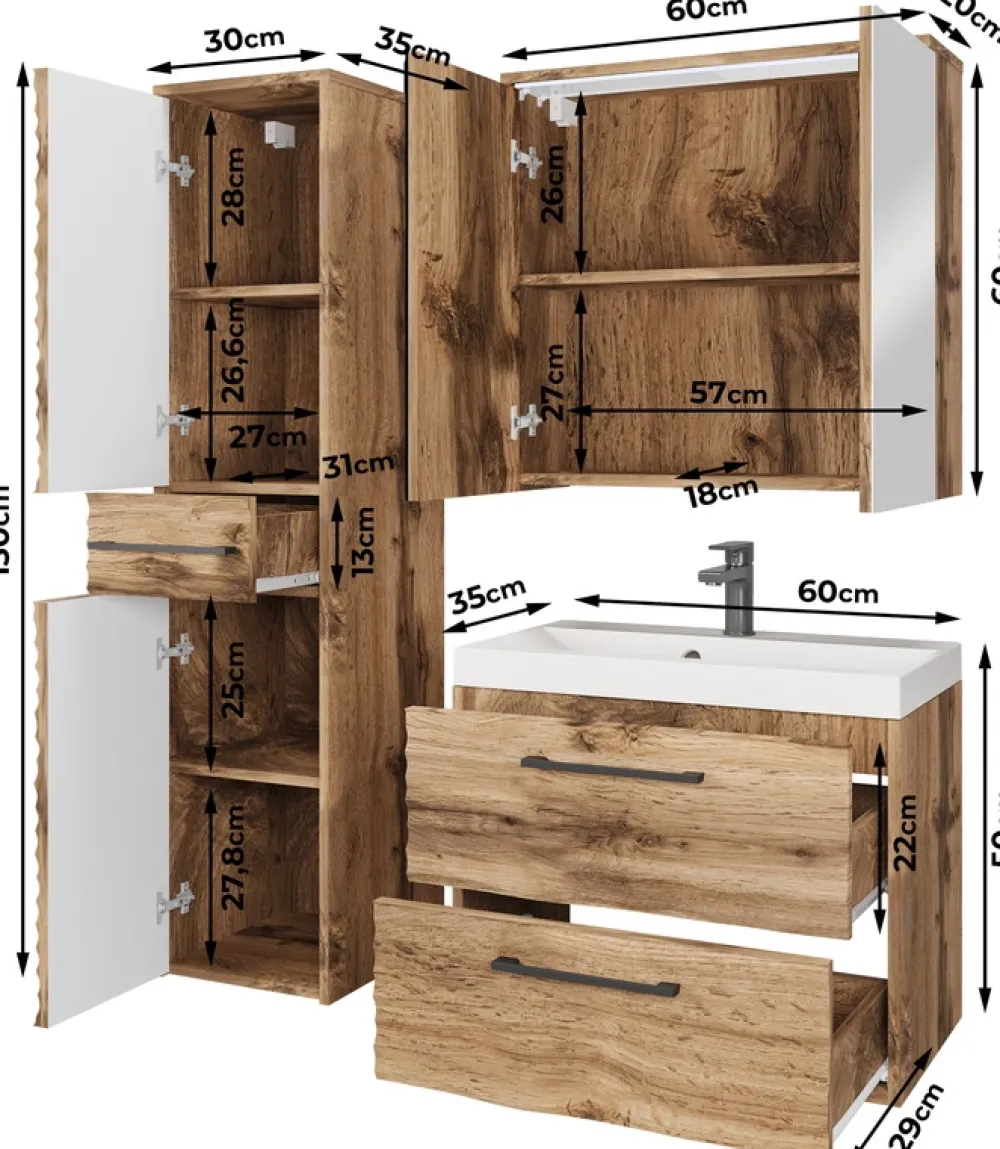 Meble Łazienkowe>BRATEX Zestaw nowoczesnych mebli łazienkowych z umywalką CONA dąb wotan