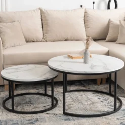 Ławy I Stoliki></noscript>MEBEL ELITE Zestaw okrągłych stolików kawowych do salonu biały DELIA Marmur