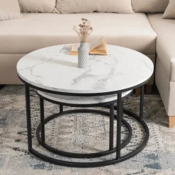 Ławy I Stoliki></noscript>MEBEL ELITE Zestaw okrągłych stolików kawowych do salonu biały DELIA Marmur