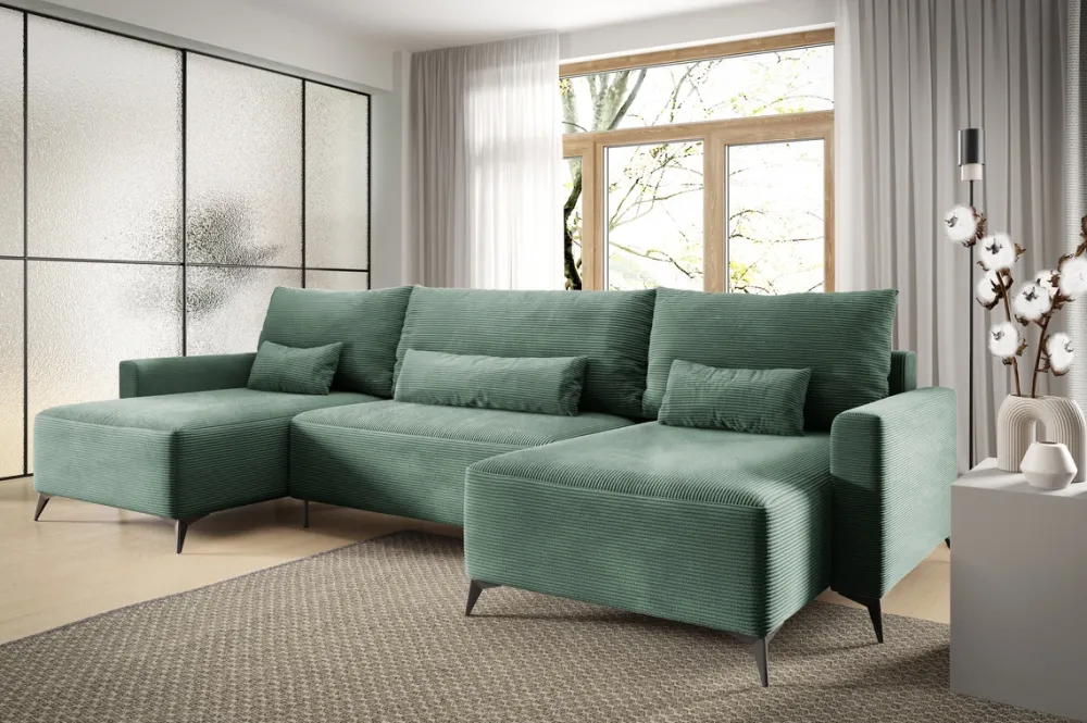 Narożniki>BROMARKT Zielona kanapa narożna z funkcją spania do salonu rozkładana sztruksowa LORENZO U