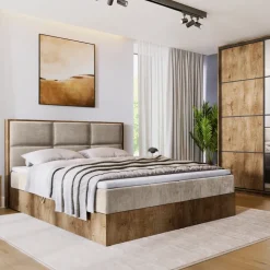 Łóżka Małżeńskie|Łóżka Ze Stelażem>BROMARKT Łózko kontynentalne z pojemnikiem do sypialni 160x200 cm LOFT dąb lefkas